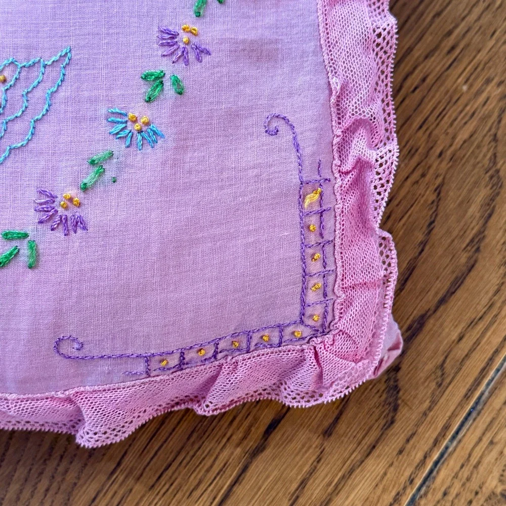 Vintage Hand Embroidered Southern Belle Decorative Pillow Floral Lace Pink